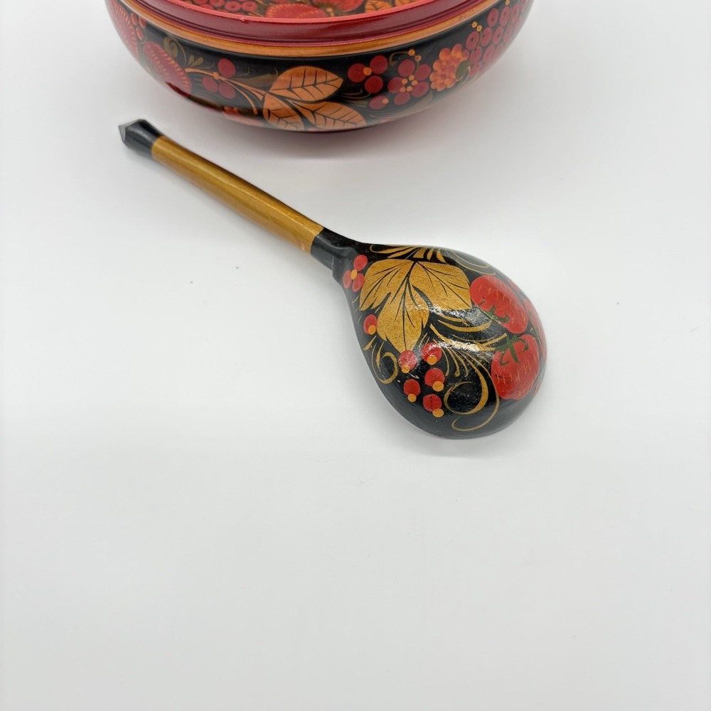 Russian Art Khokhloma Wooden Bowl Matching Spoon Traditional Floral Berry Design - Picture 9 of 16